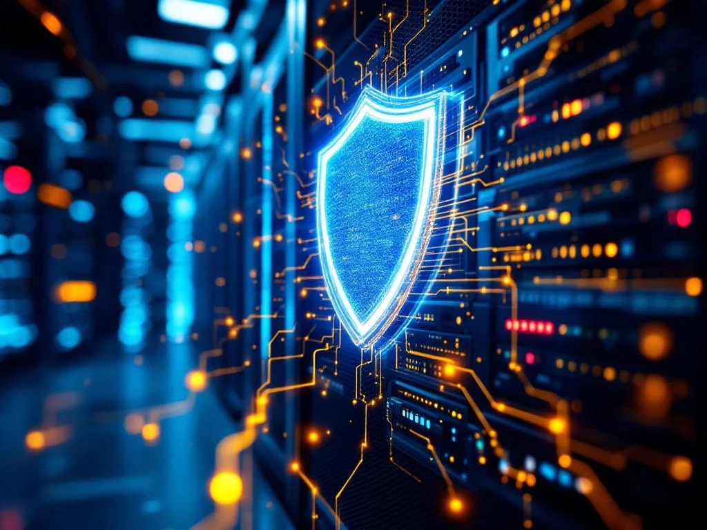 Digitaal beveiligingsschild van blauw licht beschermt serverrack tegen cyberaanvallen in datacenter