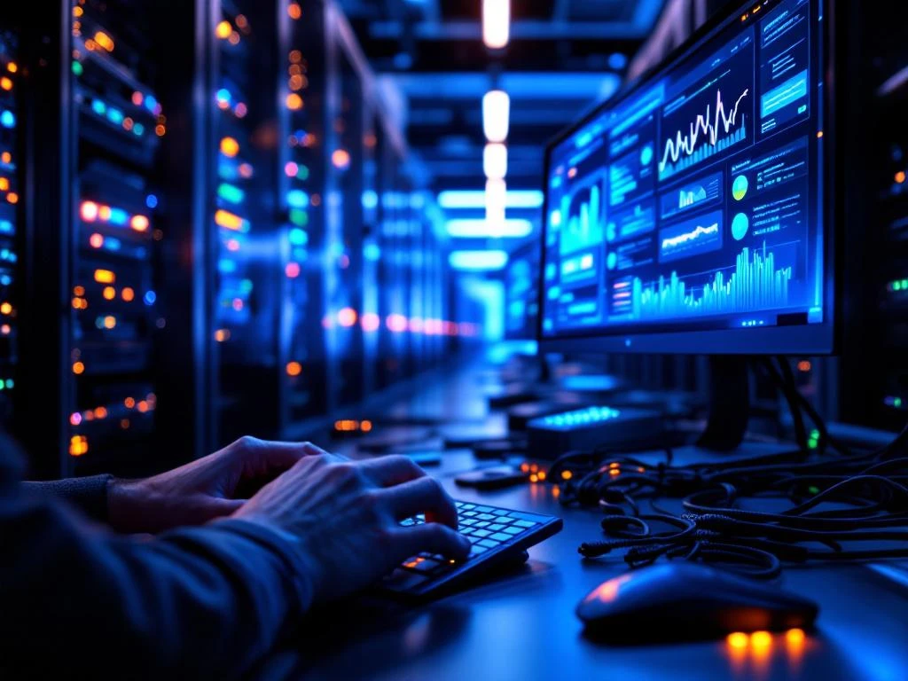 IT-professional beheert serverinfrastructuur in datacenter met verlichte netwerkequipment en monitoringdashboards