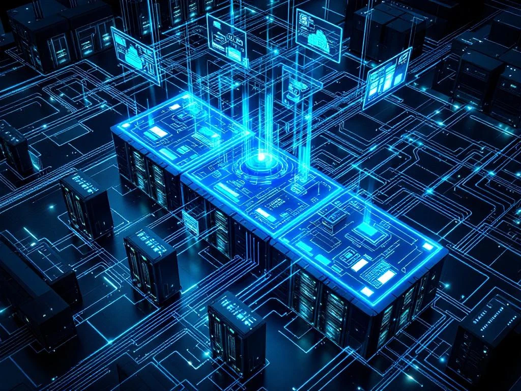 Moderne IT-controlekamer vanuit vogelvlucht met serverrekken, LED-indicatoren en holografische netwerkdisplays