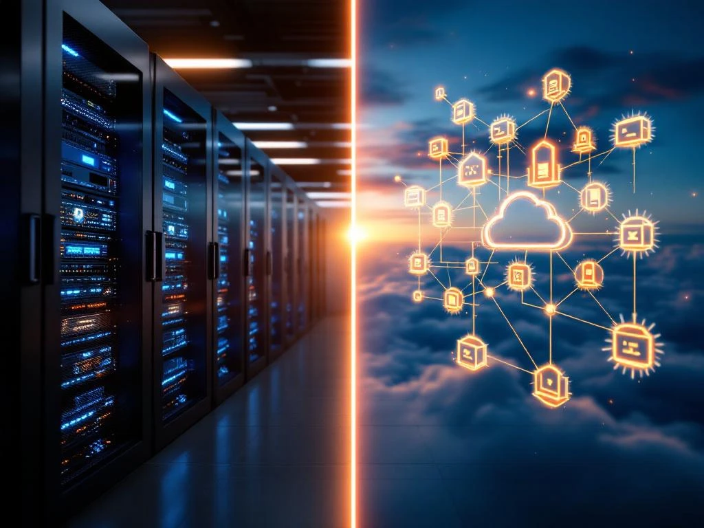 Split-screen vergelijking van interne serverruimte met blauwe LED-verlichting en externe cloud-infrastructuur met gouden datastromen