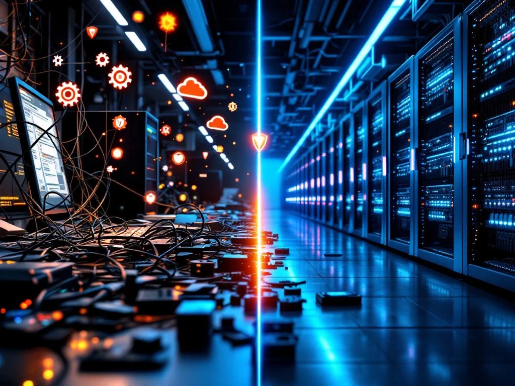 Split-screen vergelijking van chaotisch IT-beheer met rommelige kabels links naar professionele serverruimte rechts