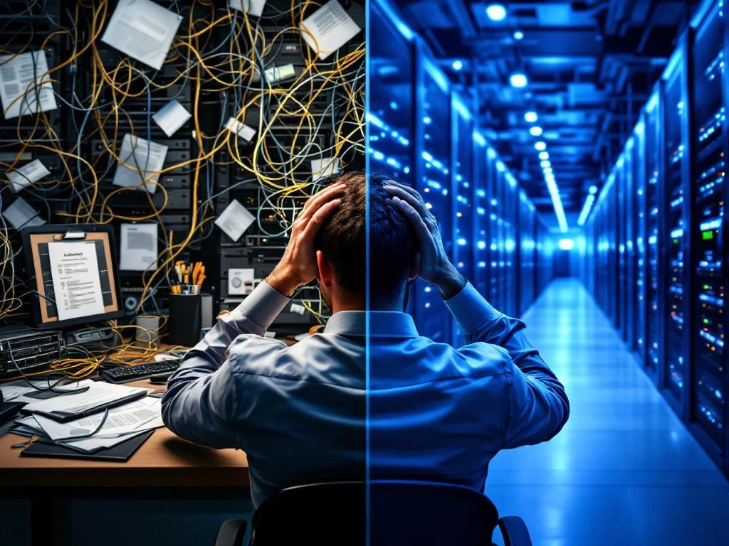 Gestresste zakenman bij chaotische IT-setup links, georganiseerde serverruimte met LED-verlichting rechts