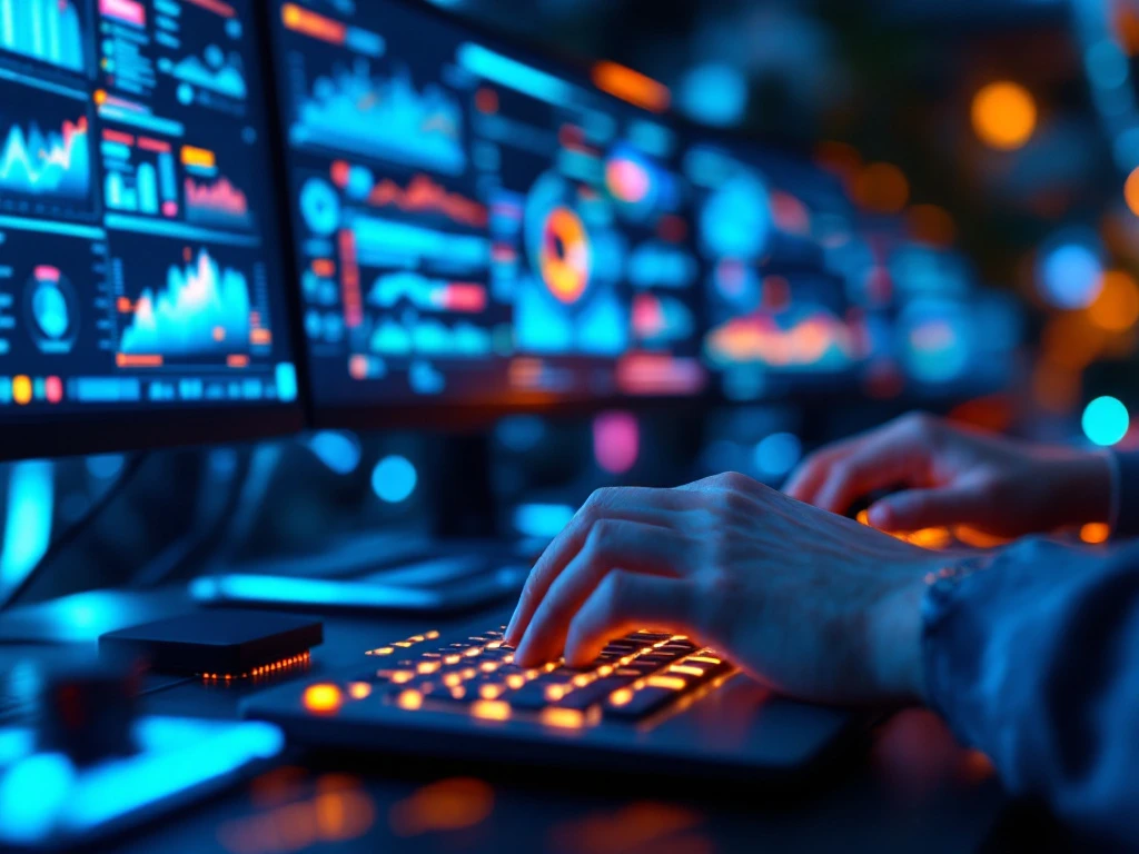 Handen typen op toetsenbord met computermonitoren die systeemdashboards tonen op de achtergrond