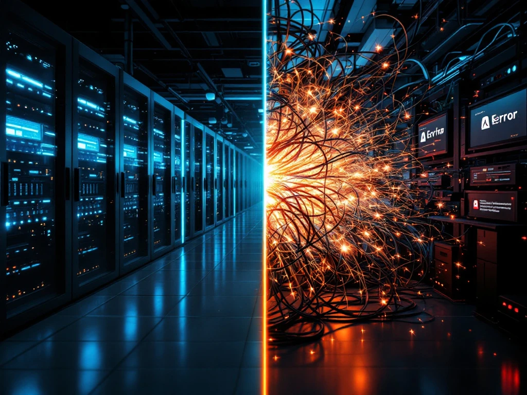 Split-screen vergelijking van goed onderhouden serverracks met blauwe LED's versus verwaarloosde IT-infrastructuur met rode waarschuwingslichten.