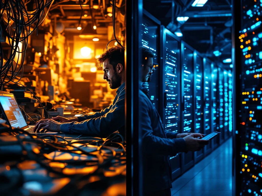 Gesplitst beeld toont contrast tussen chaotische interne IT-beheer en gestroomlijnde uitbestede IT-oplossingen