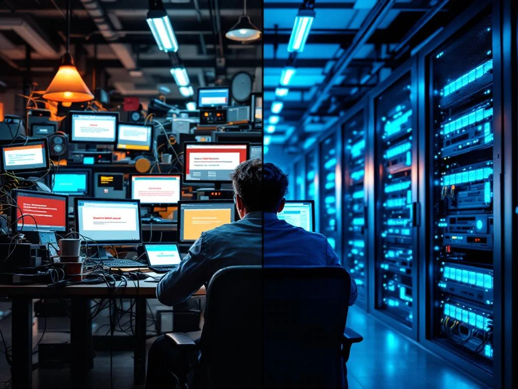 Gestresste kantoormedewerker met defecte computers tegenover georganiseerde serverruimte met blauwe LED-verlichting