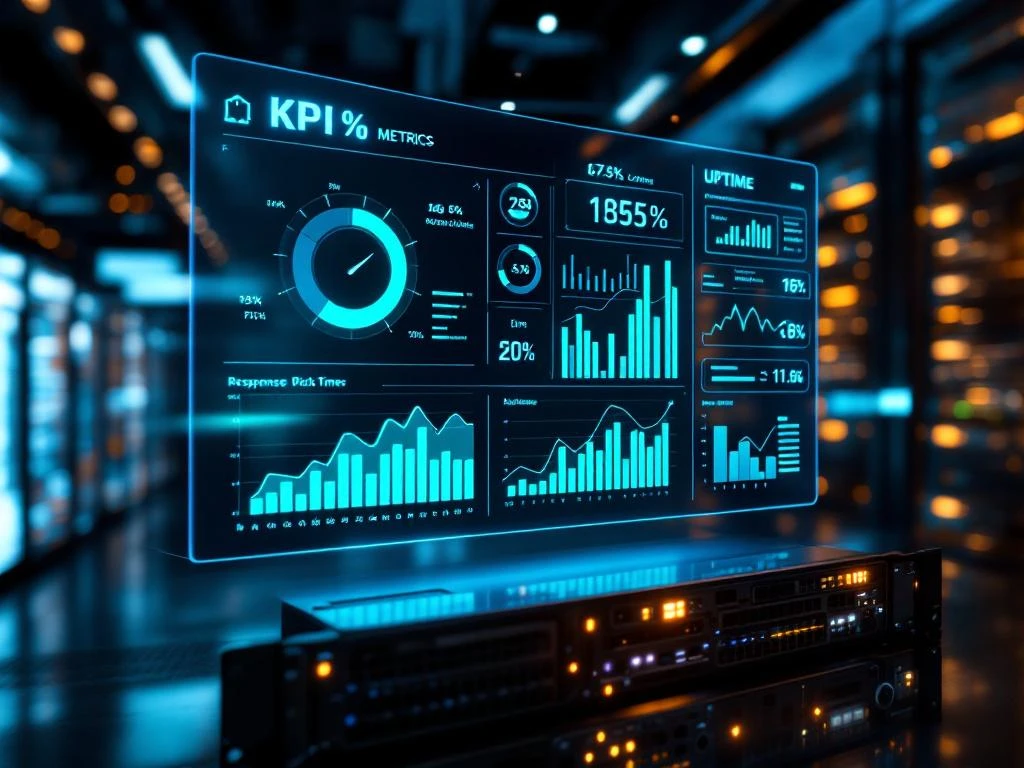 Dashboard met gloeiende KPI-metrieken en systeemprestatiecharts boven serverrack in modern datacenter