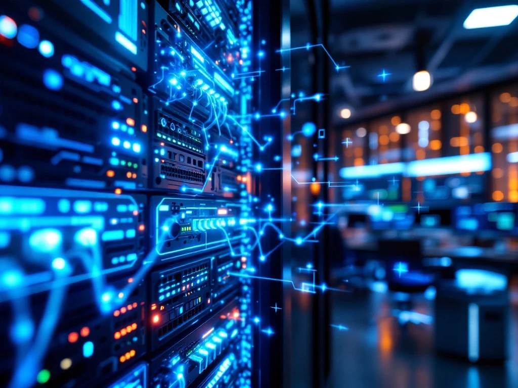 Moderne serverrack met blauwe LED-indicatoren en glasvezelkabels in professionele IT-omgeving met monitoren