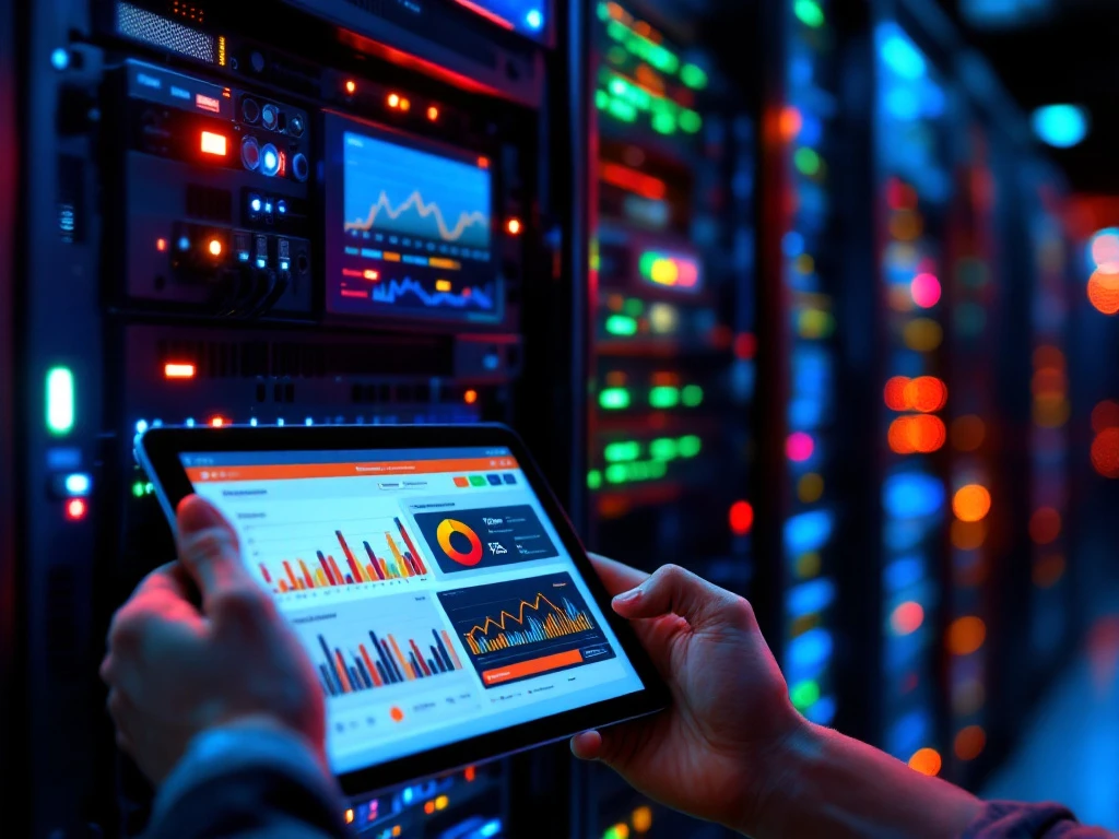 IT-professional houdt tablet met systeemmonitoring vast bij serverrek met rode waarschuwingslampjes in datacenter