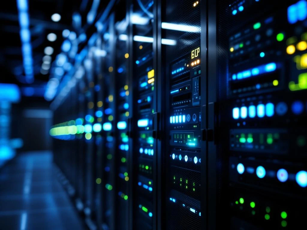 Serverruimte met zwarte serverrekken, blauwe LED-lampjes en glasvezelkabels in datacenter met controlepaneel