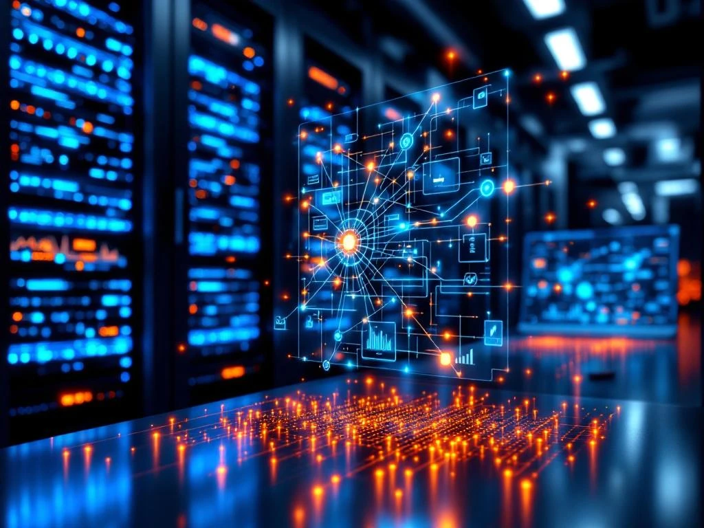 Holografisch netwerkdiagram met gloeiende verbindingslijnen in moderne serverruimte met blauwe LED-verlichting