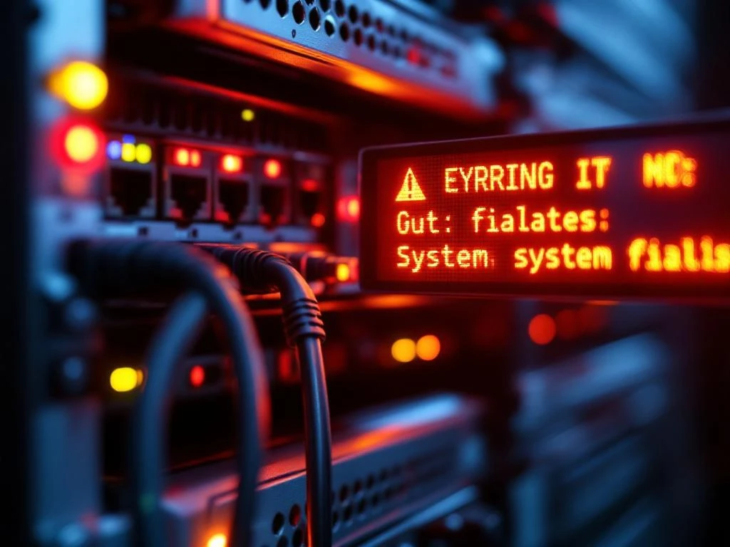 Serverrack met rode en oranje waarschuwingslampjes, losse netwerkkabels en foutmeldingen op display tijdens systeemstoring