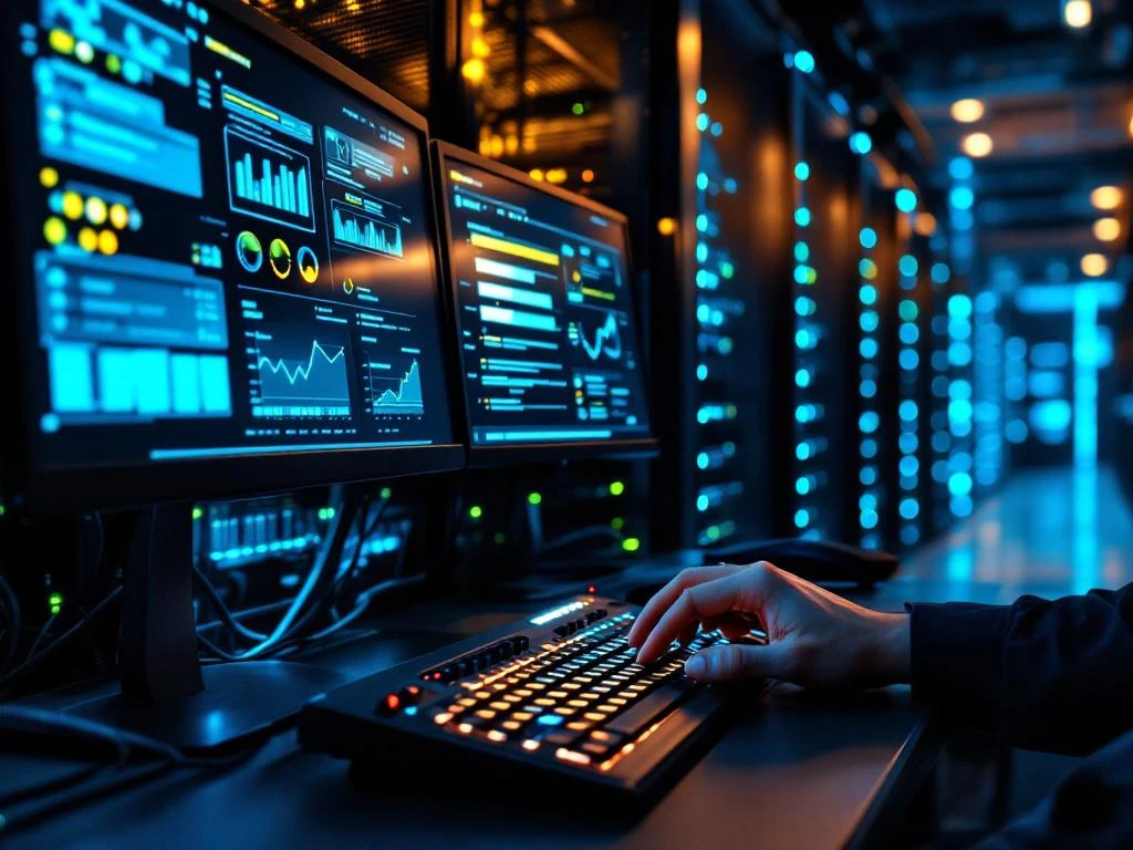 Professionele handen typen op toetsenbord in moderne serverruimte met blauwe LED-lichten en monitoringschermen
