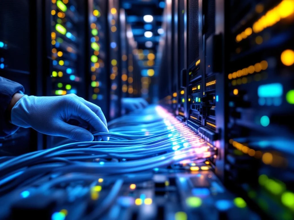 Technicus met witte handschoenen verbindt netwerkuitrusting in moderne serverruimte met blauwe LED-indicatoren
