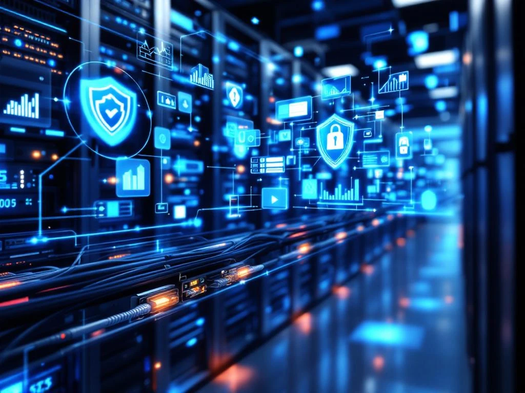 Moderne serverruimte met blauwe LED-verlichting, netwerkbekabeling en holografische digitale monitoring-elementen