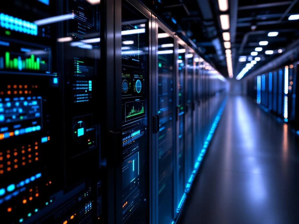 Moderne serverruimte met zwarte serverracks, LED-verlichting en werkstation met netwerkmonitoren en glasvezelkabels