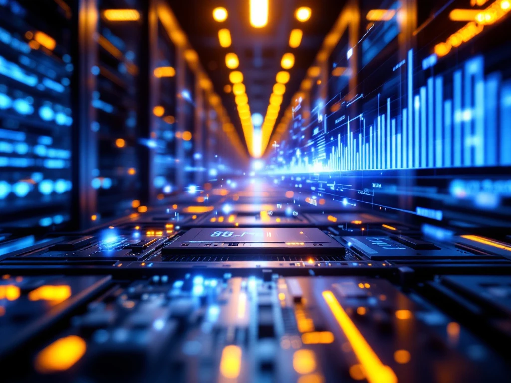 Moderne serverruimte met blauwe LED-verlichting, holografische datastromen en glanzende serverracks voor IT-beheer