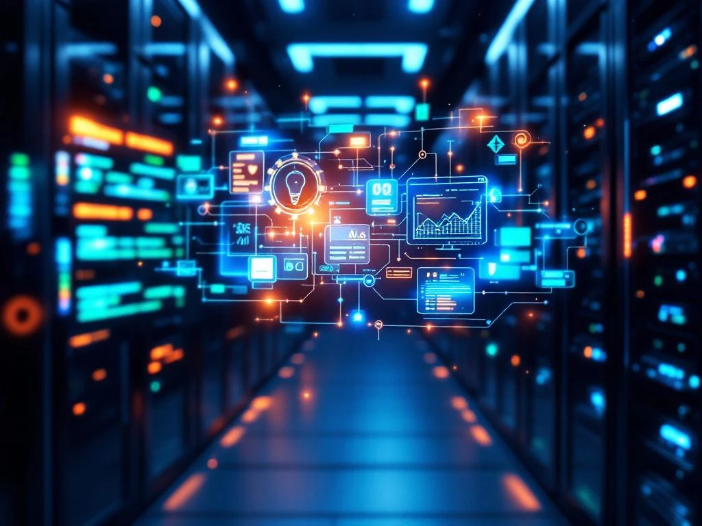 Moderne serverruimte met zwarte serverracks, blauwe LED-verlichting en holografisch dashboard voor geautomatiseerd beheer