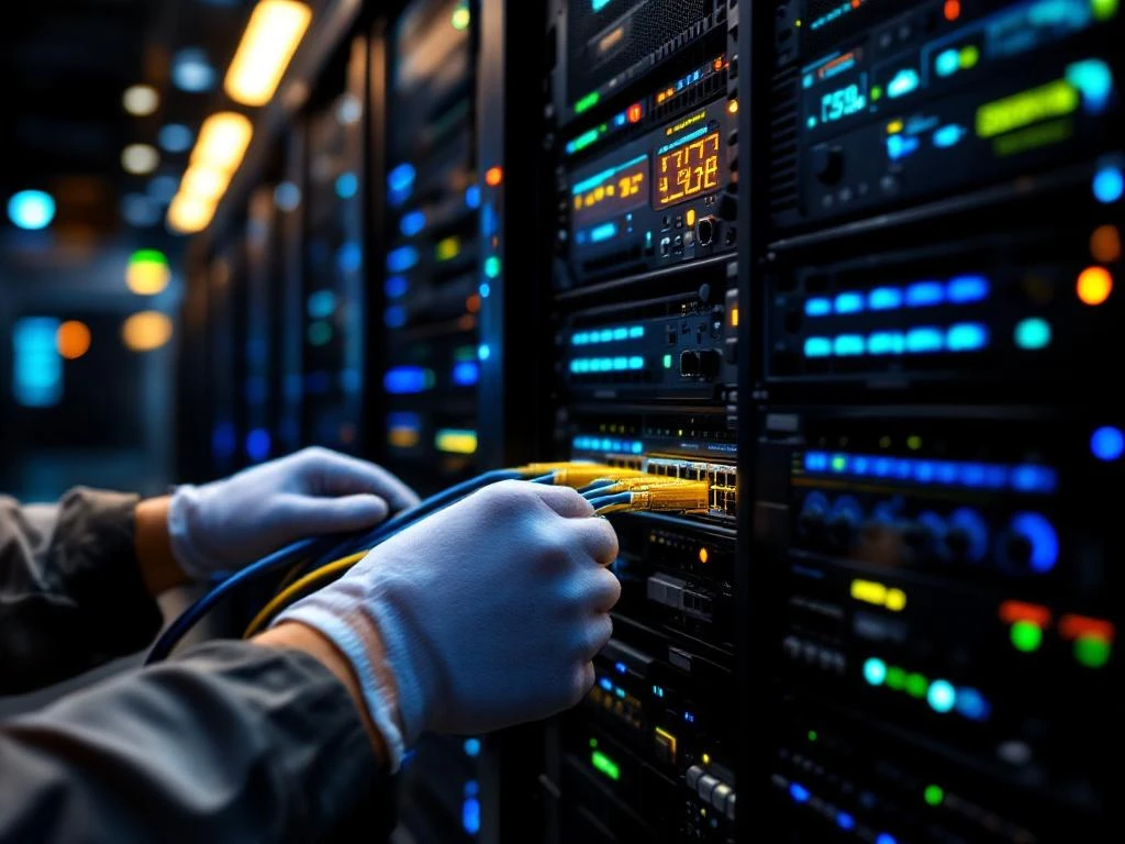 Technicus verbindt ethernetkabels in moderne serverruimte met blauwe LED-lampjes en netwerkschakelaars