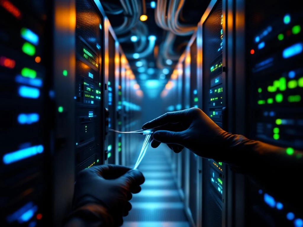 IT-technicus verbindt glasvezelkabels in moderne serverruimte met zwarte serverrekken en monitoringschermen