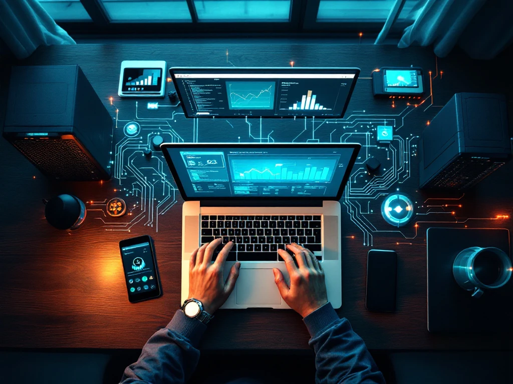 Laptop met blauwe en groene dashboards op bureau, omringd door servers en netwerkapparatuur met lichtsporen voor dataflow