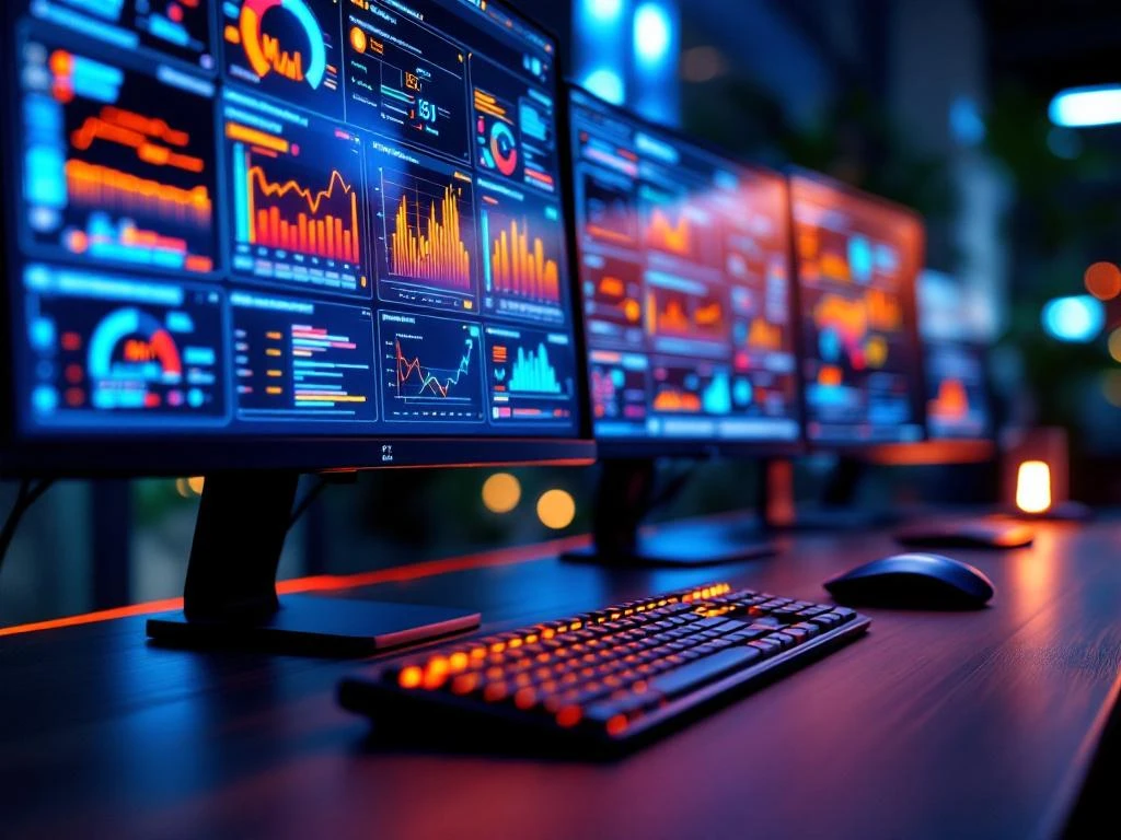 Computermonitoren met kleurrijke systeembeheer dashboards en datavisualisaties op bureau met toetsenbord en muis