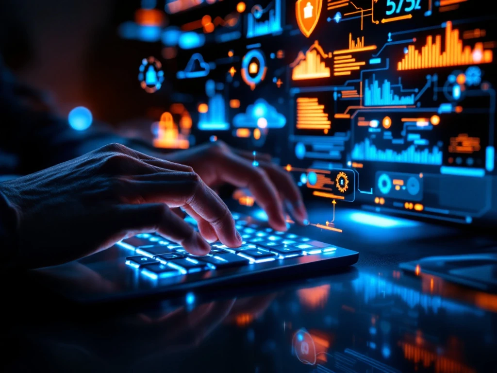 Handen typen op toetsenbord met holografische schermen die serverdashboards en netwerkdiagrammen tonen in IT-werkruimte