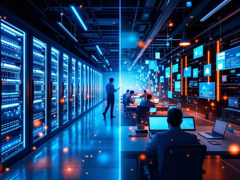 Split-screen vergelijking van moderne serverruimte met blauwe LED-verlichting links en IT-netwerkapparatuur rechts