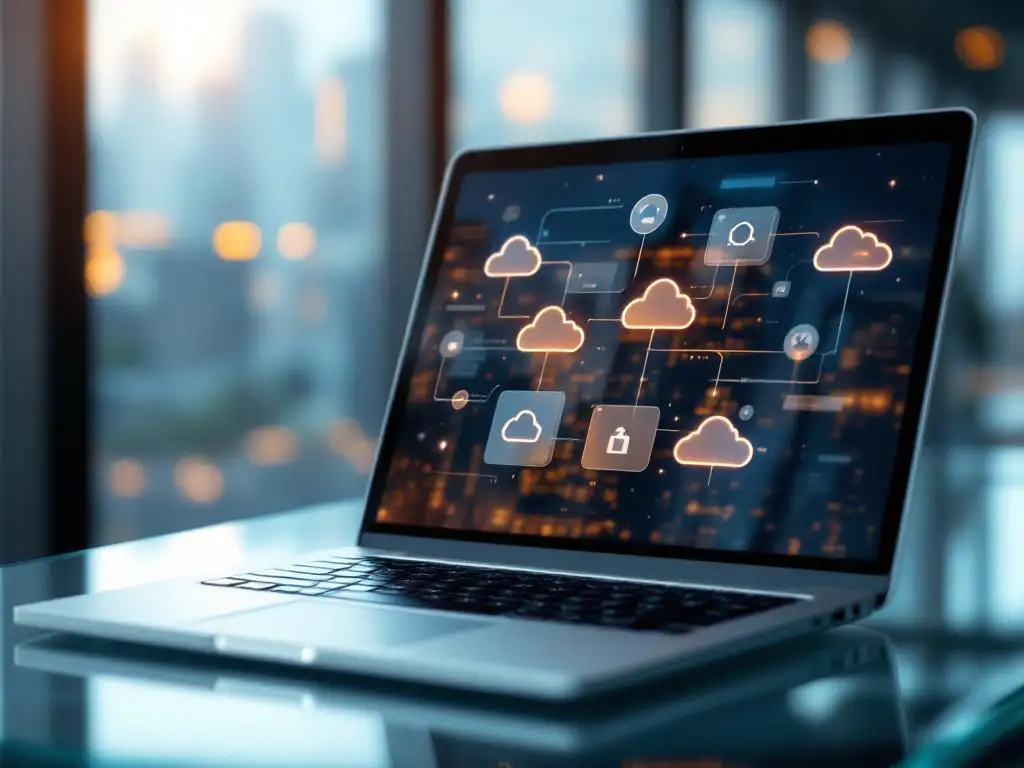 Moderne laptop met zwevende cloud-applicatie iconen op glazen bureau in hedendaags kantoor met natuurlijk licht