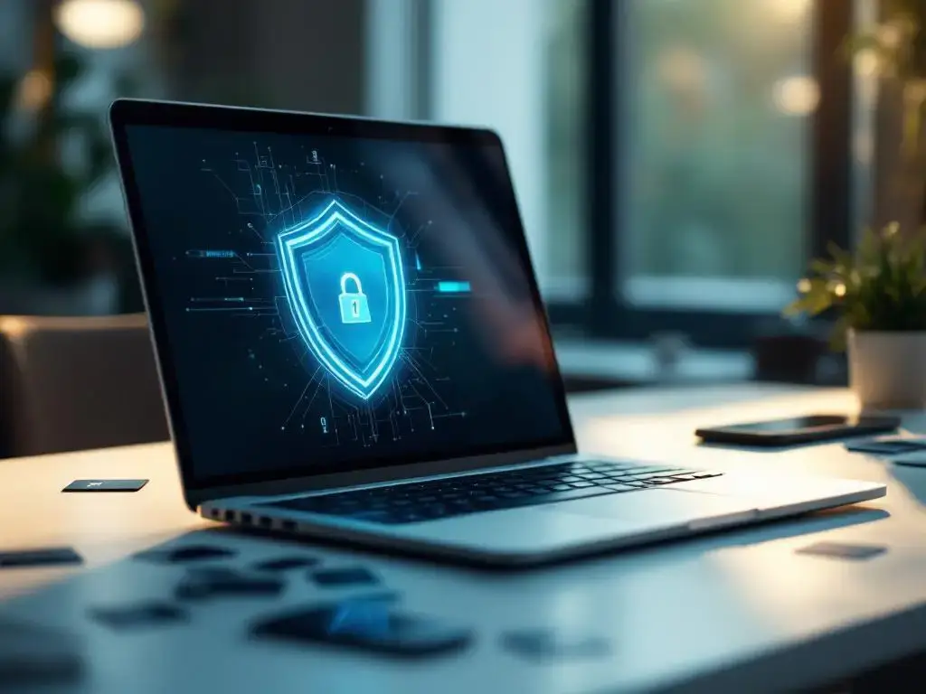 Moderne laptop met beveiligingsschild-icoon op scherm op kantoorbureau met keycards en smartphone, natuurlijk licht