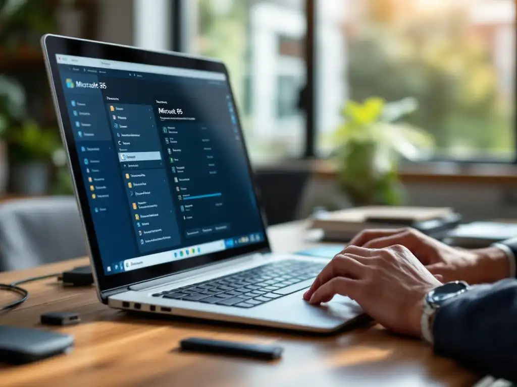 IT-consultant verplaatst bestanden van oude desktop naar moderne laptop met Microsoft 365 interface op eiken bureau