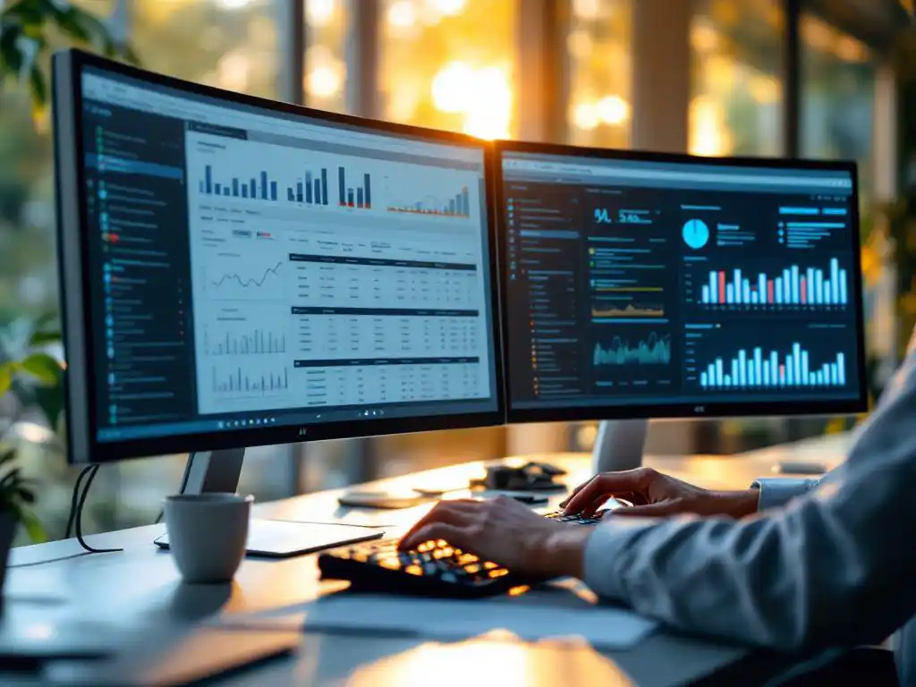 Kantoormedewerker werkt aan spreadsheets op twee gebogen monitoren bij modern bureau met natuurlijk zonlicht