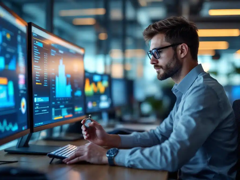 IT-technicus controleert stopwatch aan helpdesk werkstation met meerdere monitoren die ondersteuningstickets tonen