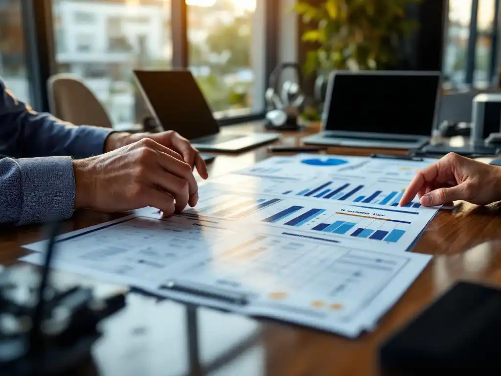 IT-consultant bestudeert leveranciersvergelijkingstabellen aan conferentietafel met laptops en netwerkapparatuur