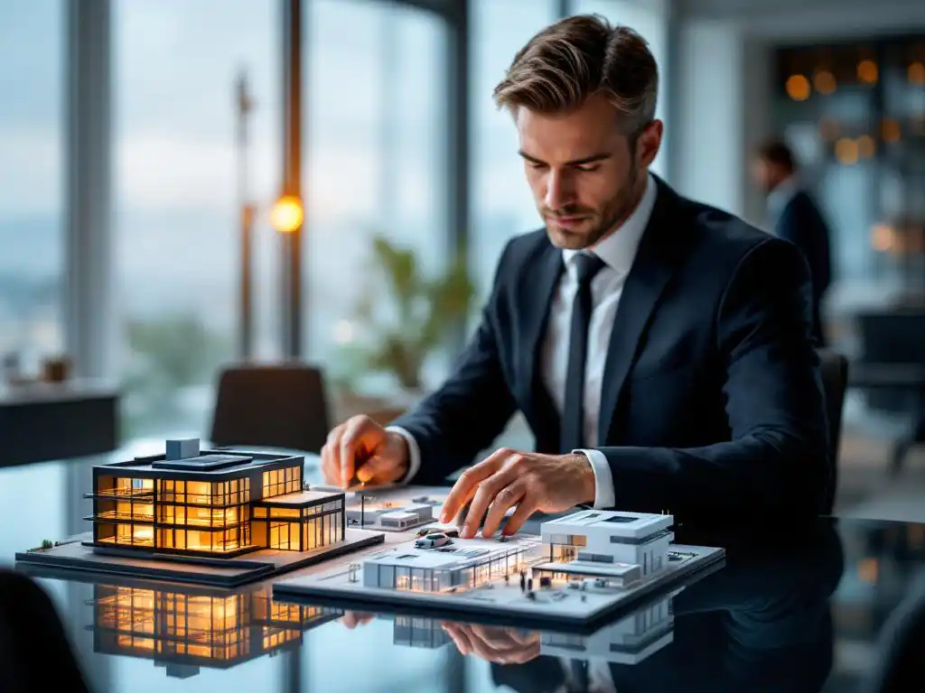 IT-manager bekijkt architectuurmodellen van interne IT-afdeling en externe serviceprovider op conferentietafel