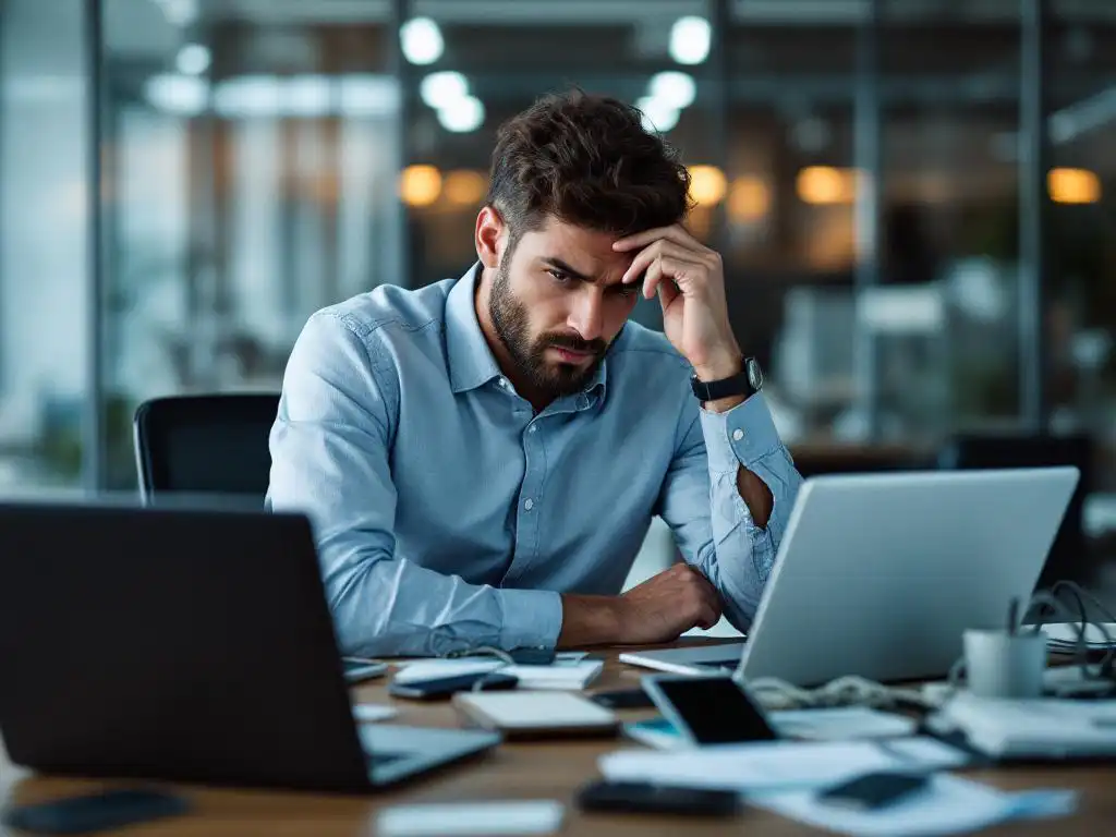 Gefrustreerde IT-professional aan rommelig bureau met laptops, tablets en smartphones, hand op voorhoofd terwijl telefoon rinkelt