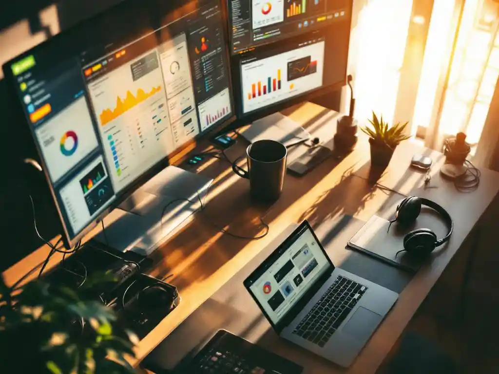 Drukke IT-professional werkplek van bovenaf met laptops, tablets, monitoren met dashboards, headset, koffiekop en vetplant