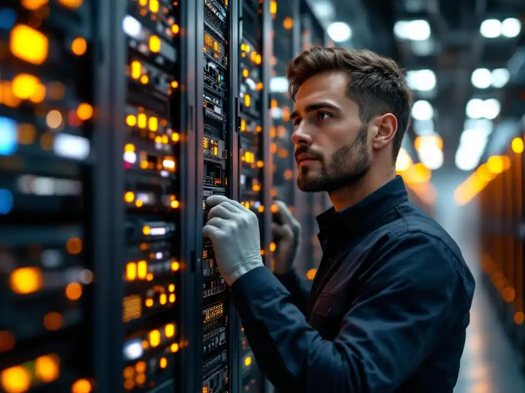 IT-technicus onderzoekt serverrack in moderne datacenteromgeving met LED-statuslampjes en professionele apparatuur