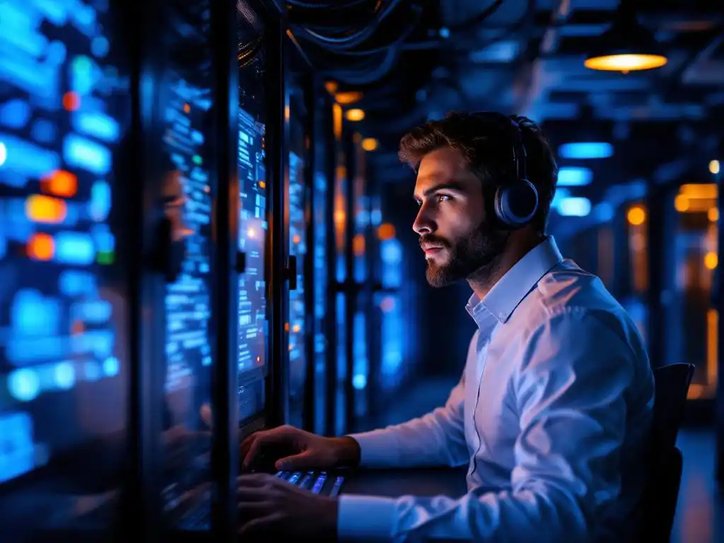IT-technicus monitort gloeiende computerschermen in moderne serverruimte tijdens nachtdienst