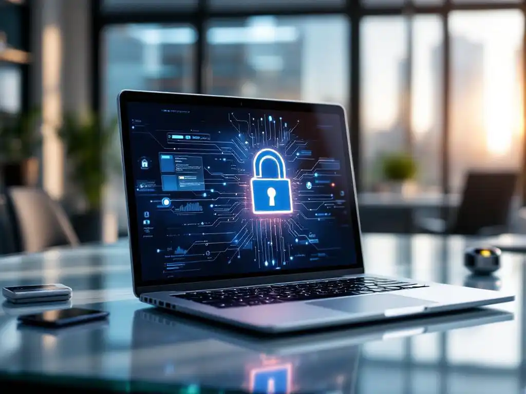 Moderne laptop met gloeiend digitaal hangslot-icoon op scherm, glazen bureau met keycard en biometrische scanner