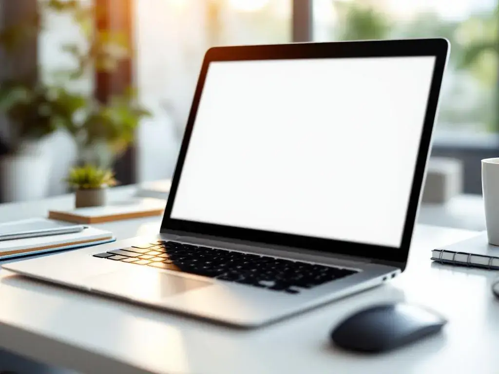 Zilveren laptop geopend op wit bureau met draadloze muis, notitieblok en koffiemok in natuurlijk licht