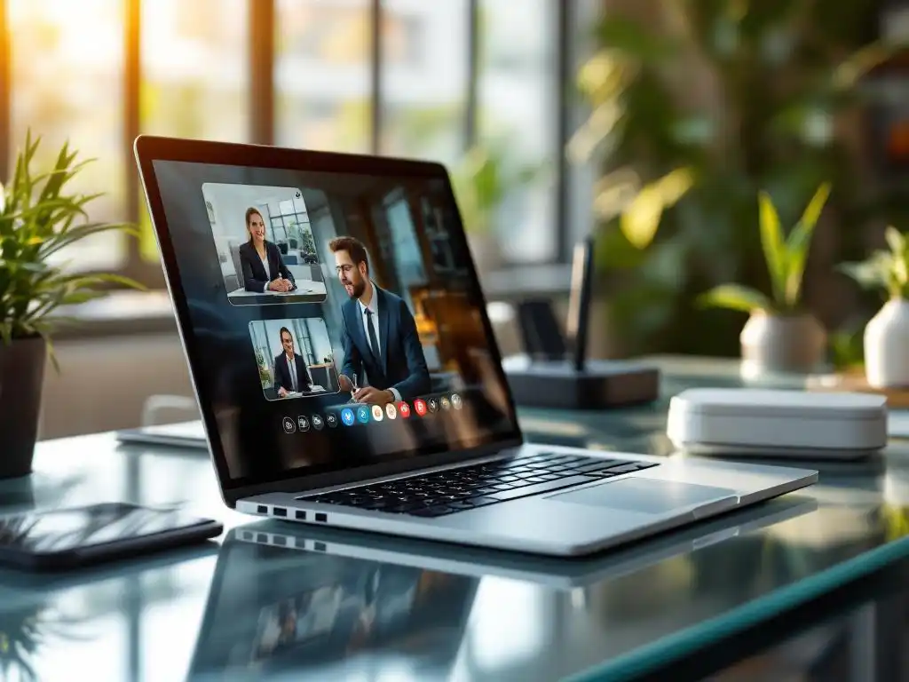Laptop toont videoconferentie op glazen bureau met draadloze router en dockingstation in modern kantoor