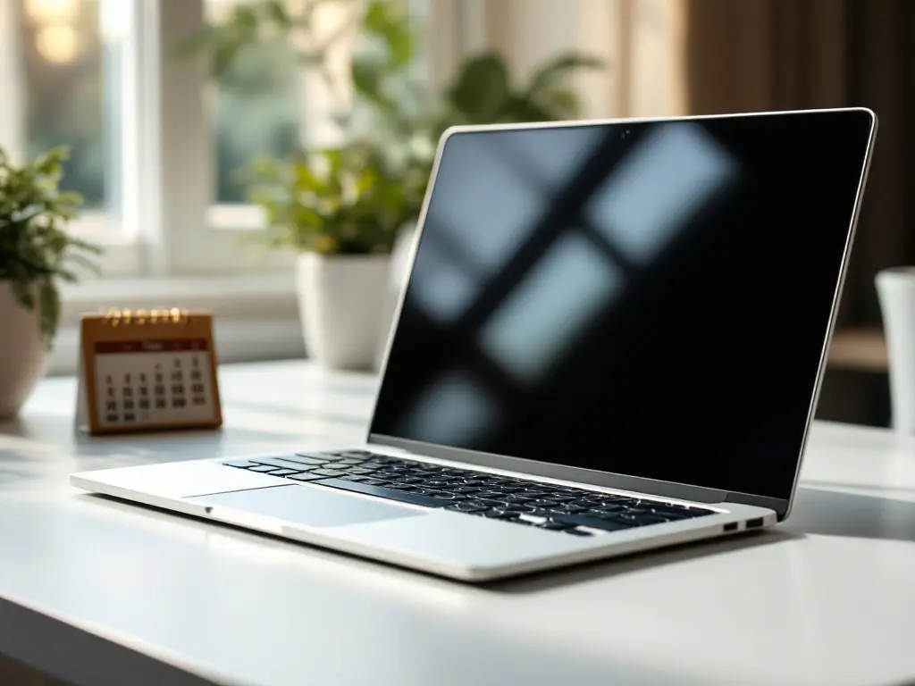 Zilverkleurige zakelijke laptop met gebruikssporen op toetsenbord naast digitale kalender op wit bureau, warm natuurlijk licht