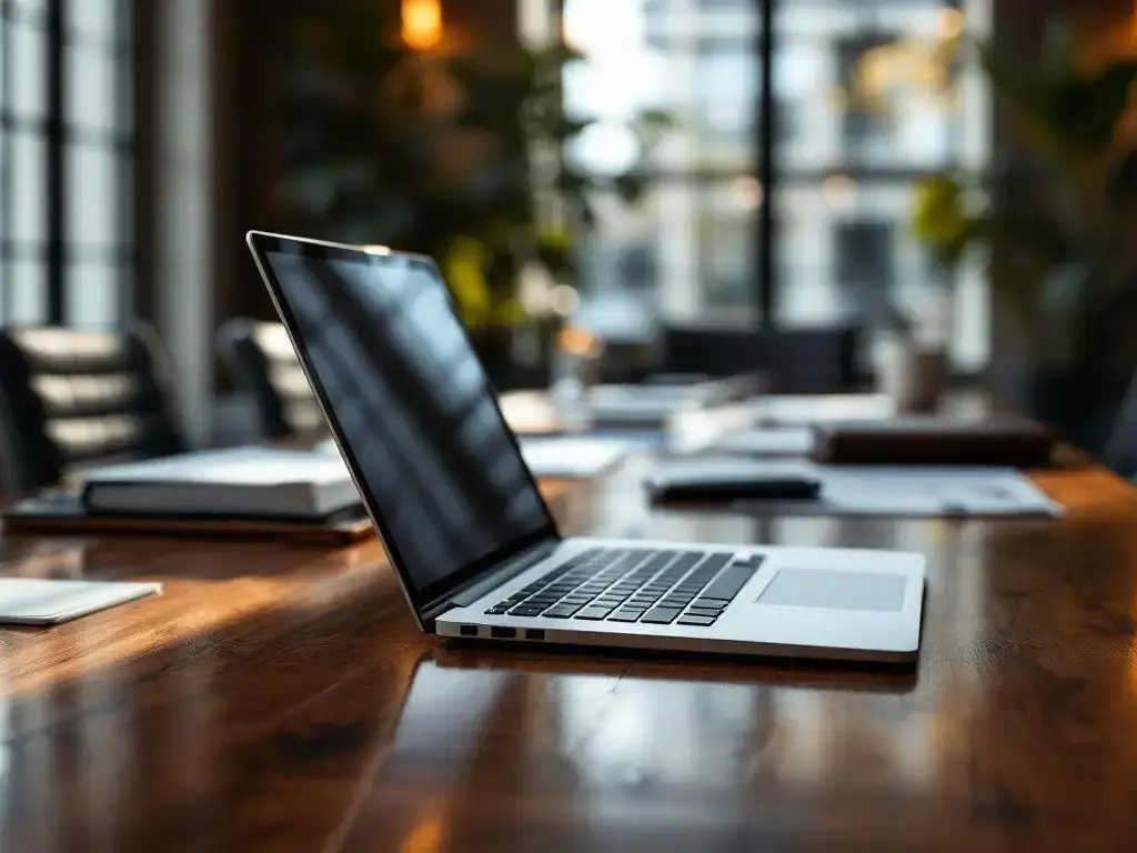 Moderne laptop op houten vergadertafel met zakelijke documenten en leren portfolio in natuurlijk kantoorlicht