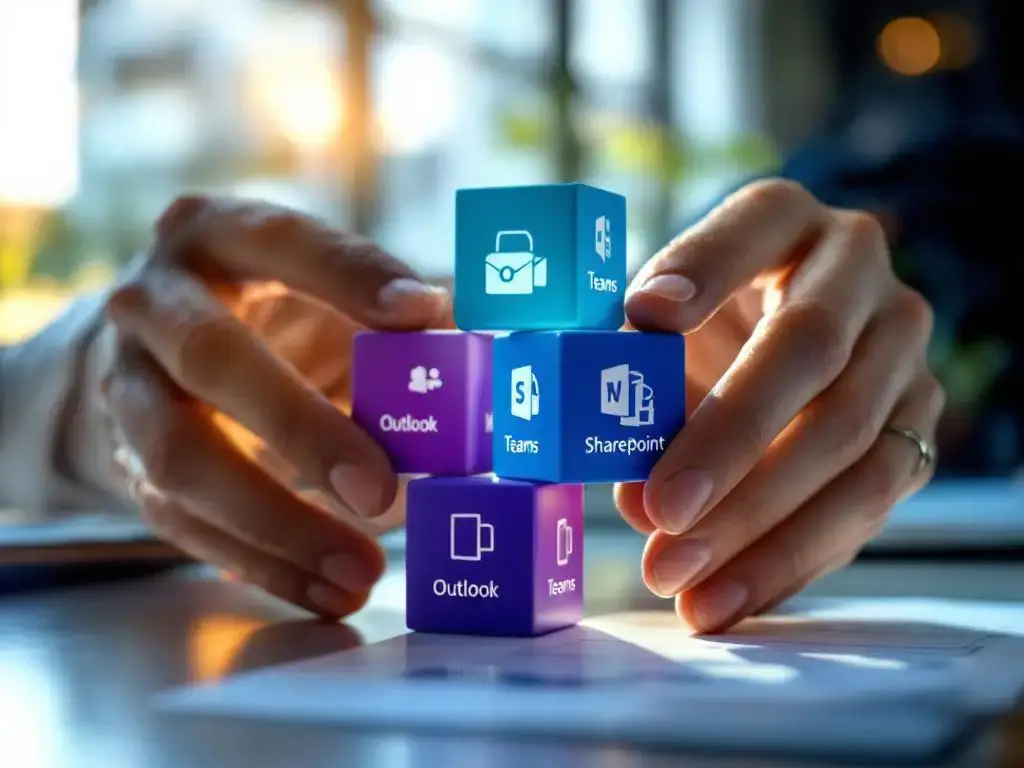 IT-consultant stapelt Microsoft 365 applicatie-iconen als kleurrijke blokken op moderne bureau, natuurlijk licht door ramen
