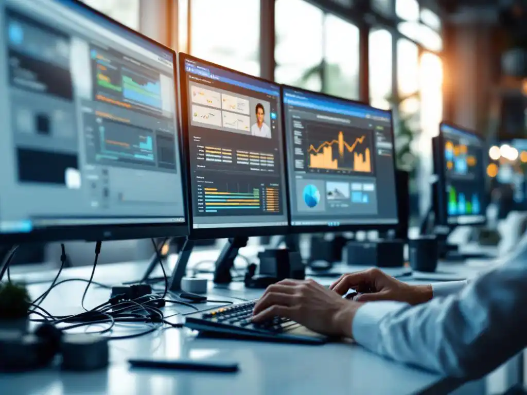 IT-consultant configureert Microsoft 365 instellingen op laptop in moderne kantooromgeving met meerdere monitoren