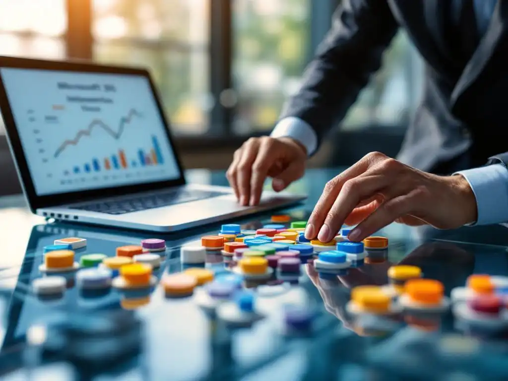 IT-consultant organiseert kleurrijke Microsoft 365 app-pictogrammen op glazen vergadertafel naast laptop met tijdlijn