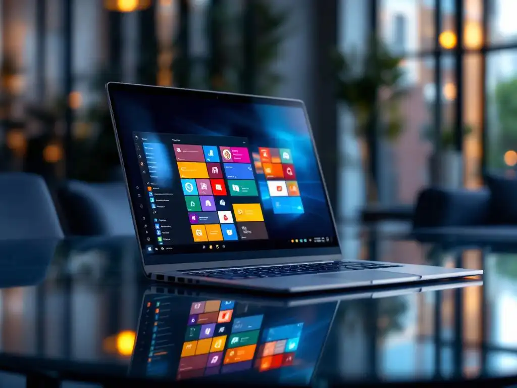 Moderne laptop toont kleurrijke Microsoft 365 app-iconen op glazen vergadertafel in eigentijds kantoor