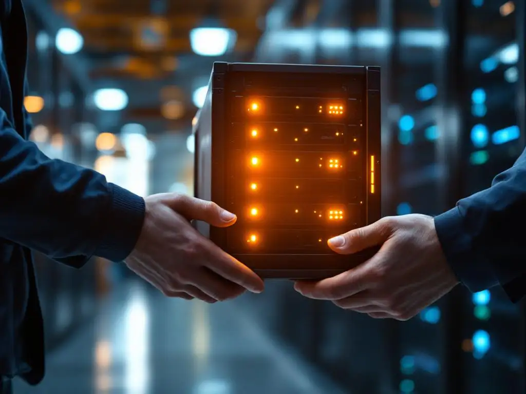 IT-technicus draagt verlichte serverrack over van kantooromgeving naar moderne datacenter van externe serviceprovider