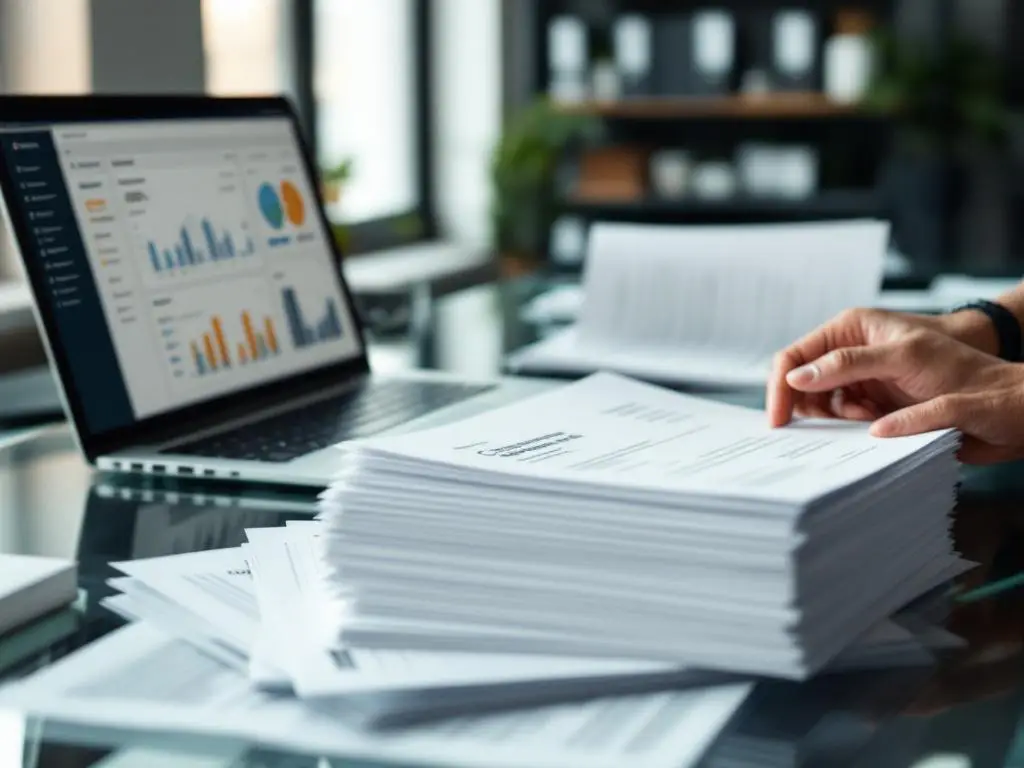 Softwarelicentie certificaten en documentatie georganiseerd op glazen bureau met laptop die digitaal beheerplatform toont